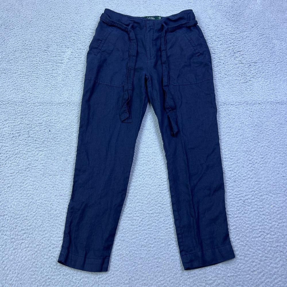 Lauren Ralph Lauren LRL Pants‎ Womens 6 Navy Blue 100% Linen Tie Paperbag Taper